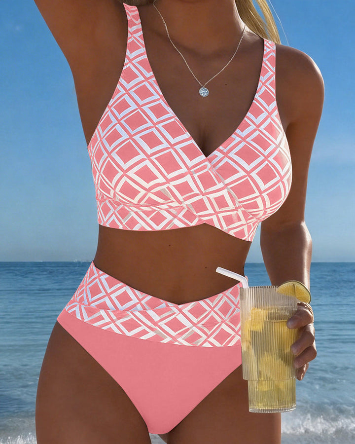 Bikini cómodo para mujer, estampado geométrico, sin aros, listo para la temporada de verano.