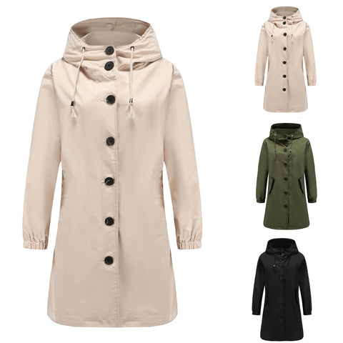 Gabardina moderna de mujer, larga con capucha. Abrigo impermeable y elegante de cuello alto para moda femenina.