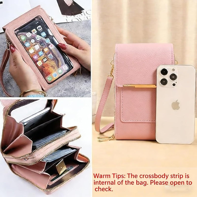 Cartera cruzada antirrobo para mujer con bloqueo RFID y bolsillo para móvil.