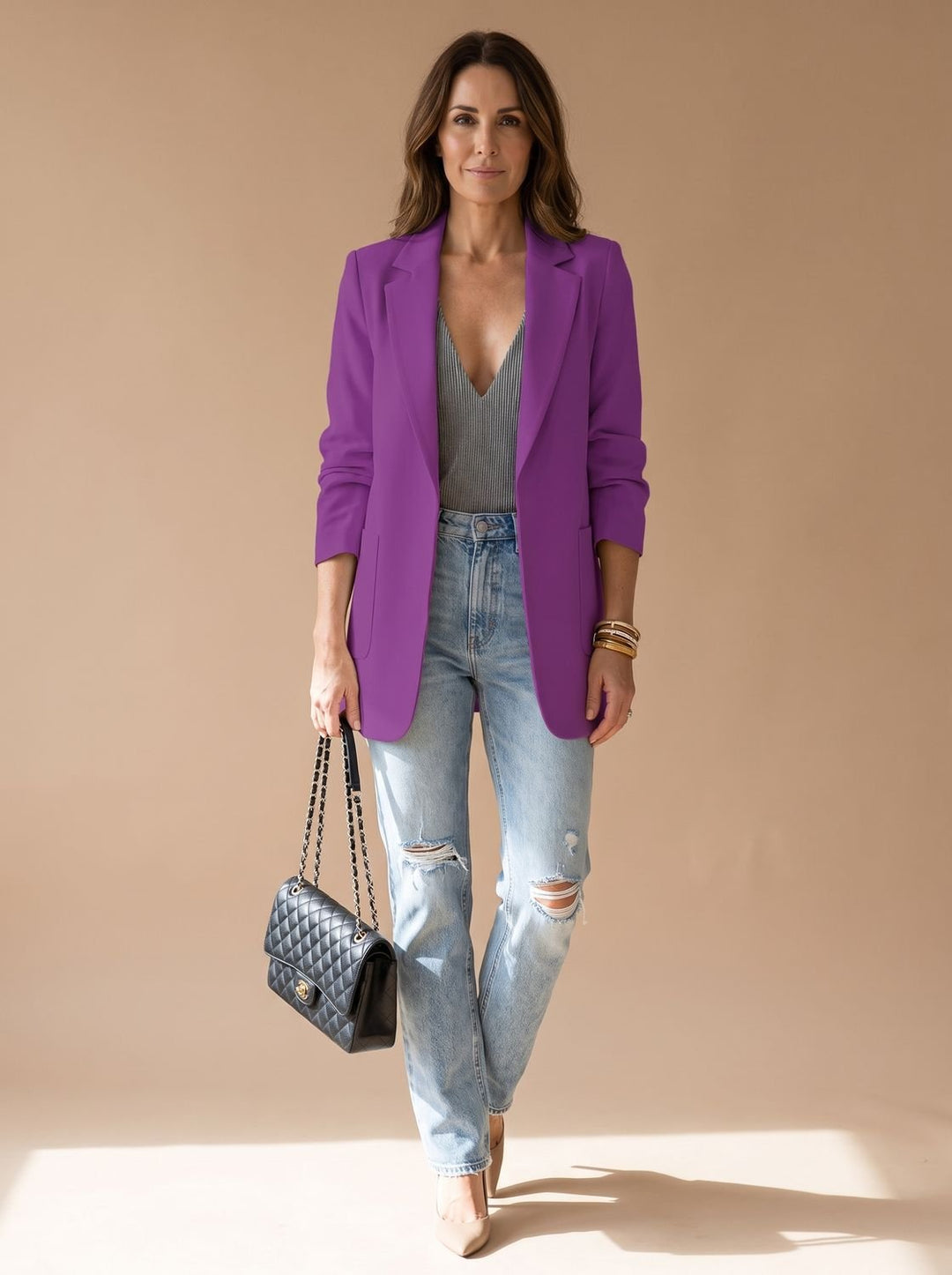 Blazer larga abierta mujer, solapa clásica. Estilo smart casual versátil, perfecto para cualquier ocasión.