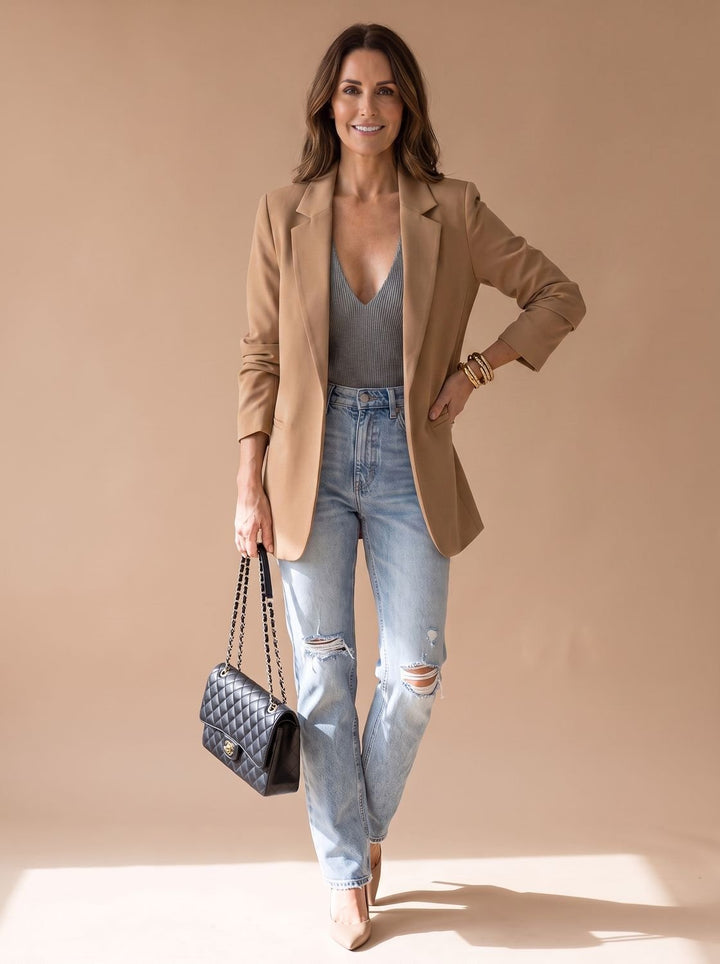Chaqueta abierta elegante para mujer. Diseño largo, ideal para moda smart casual y looks sofisticados.