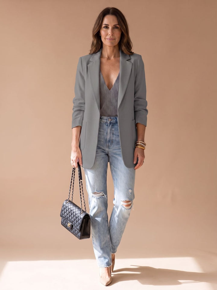 Moda femenina: blazer largo abierto, solapa clásica. Chaqueta versátil smart casual para cada día.