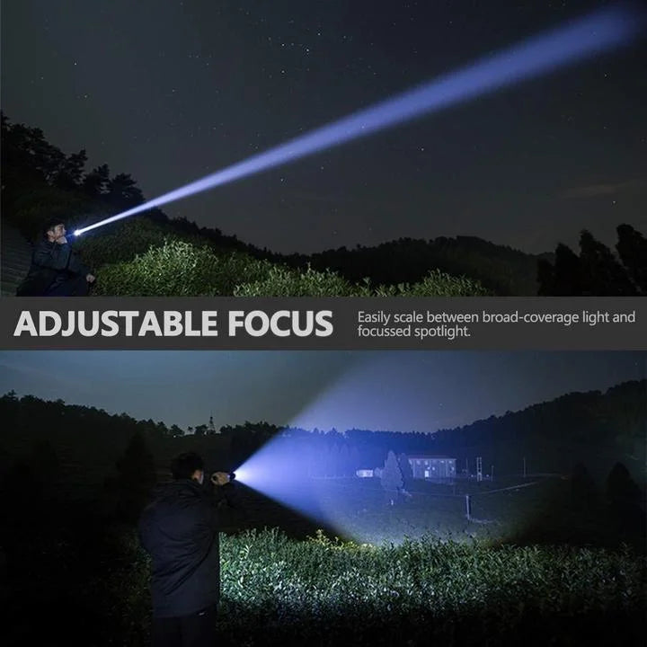 Linterna LED XHP50.2 con zoom ajustable y 90000 lúmenes, potente para enfocar a larga distancia en exterior.