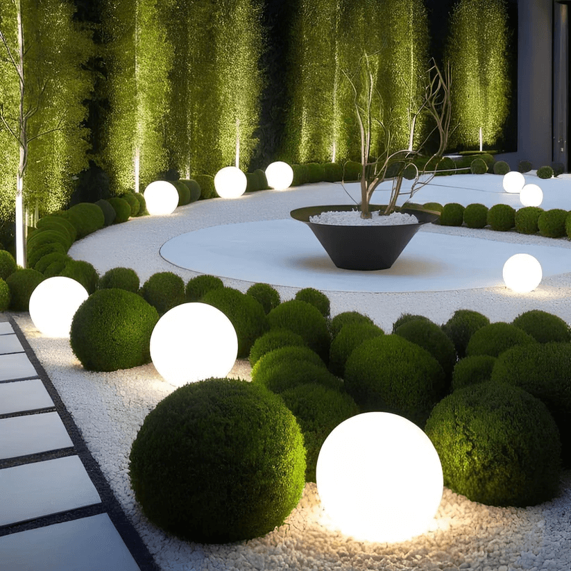 Lámpara solar esférica LED para jardín. Iluminación exterior decorativa y automática.