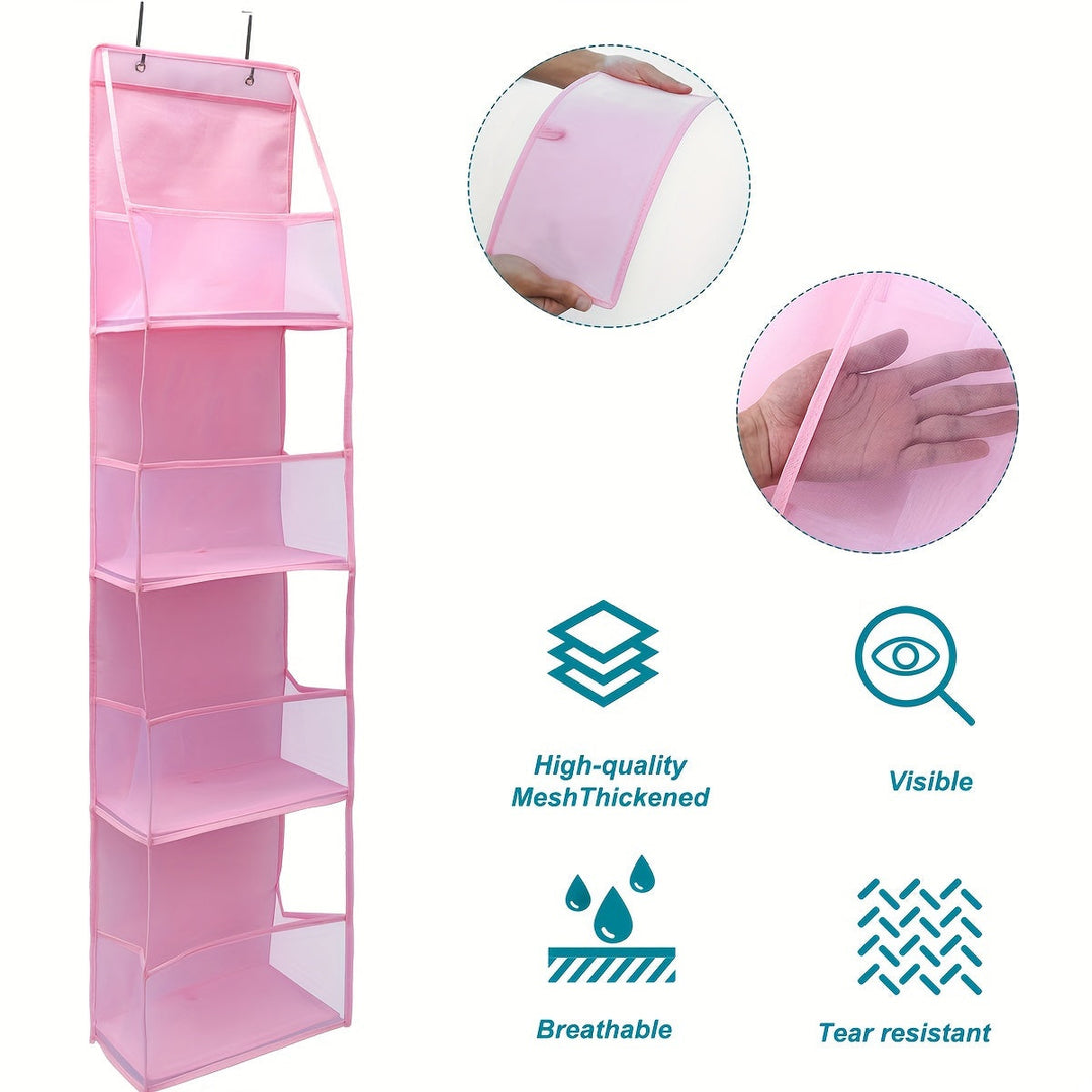 Organizador sobre puerta con 4 compartimentos transpirables, solución versátil para el almacenamiento del hogar.