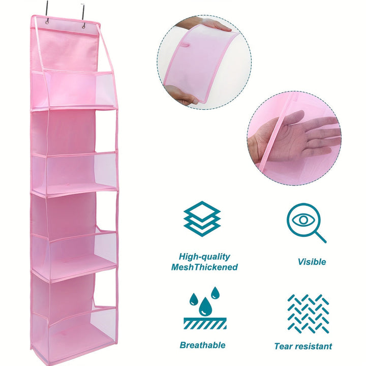 Organizador sobre puerta con 4 compartimentos transpirables, solución versátil para el almacenamiento del hogar.