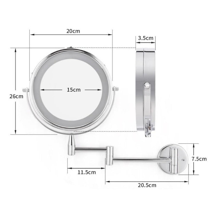 Espejo de baño LED de pared con brazo dual, aumento y luz, versátil para maquillaje y cuidado facial.