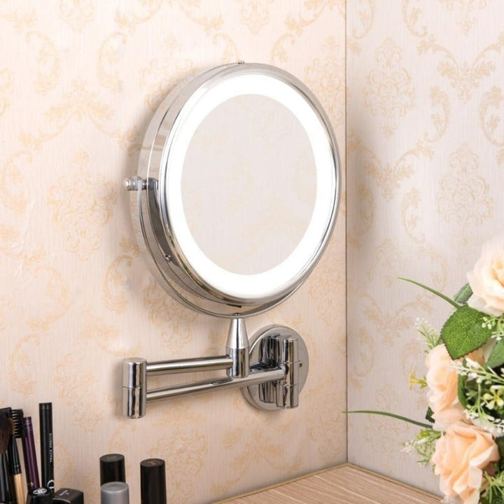 Espejo de baño LED montado en pared con aumento para maquillaje. Diseño ajustable y elegante.