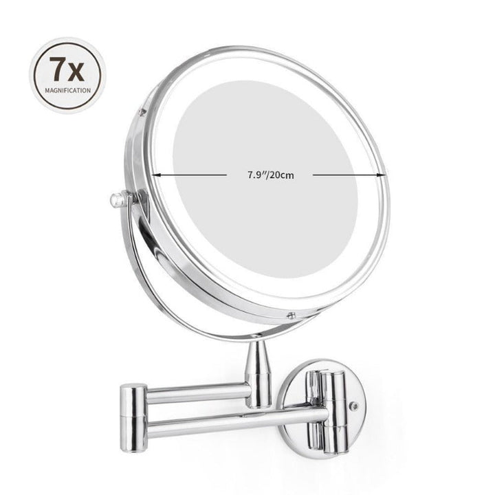 Espejo de tocador LED con brazo dual ajustable, ideal para maquillaje y cuidado facial en el baño.