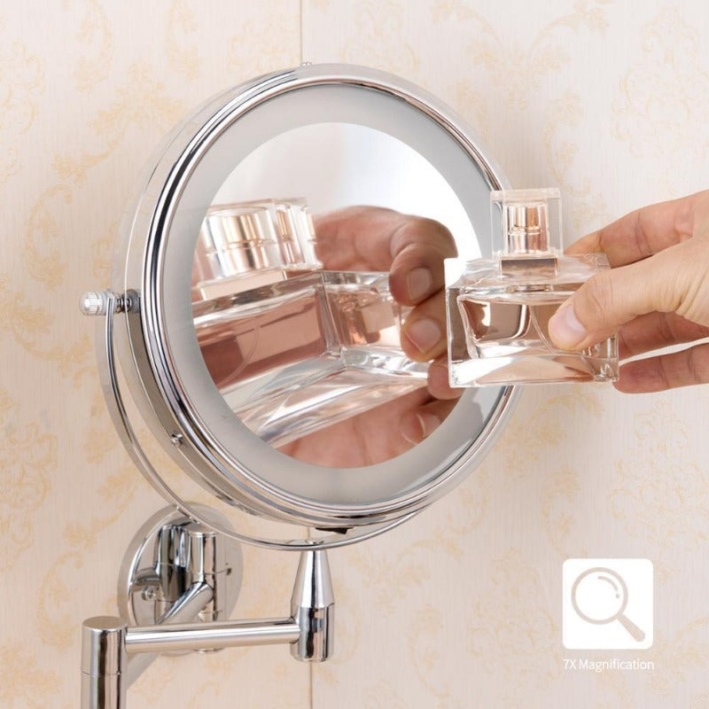 Espejo de belleza LED para baño, montado en pared, con doble aumento para cuidado facial y maquillaje.