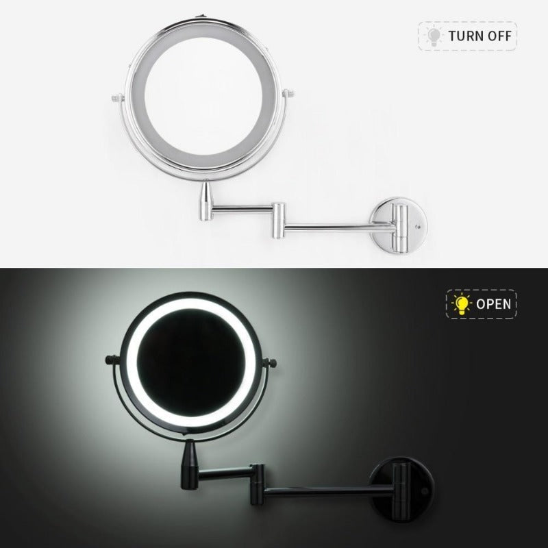 Espejo de baño LED con aumento y brazo ajustable. Perfecto para maquillaje diario.