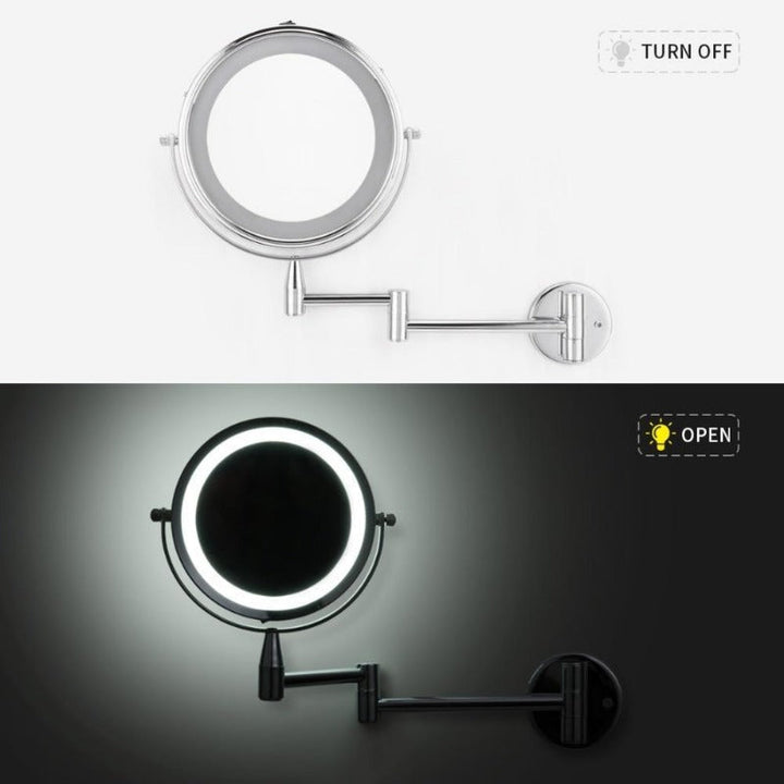 Espejo de baño LED con aumento y brazo ajustable. Perfecto para maquillaje diario.