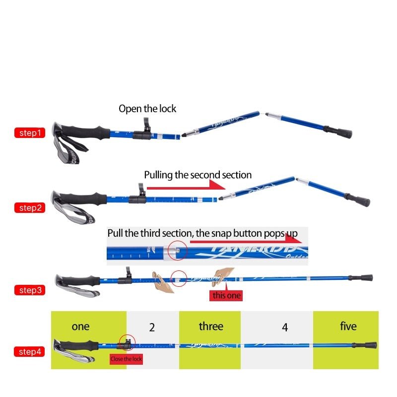 Bastones de senderismo de aluminio plegables, ideales para mochileros y trekking; ajustables para cada terreno.