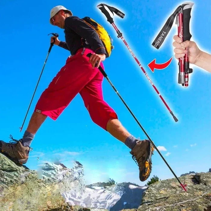 Bastones telescópicos plegables de aluminio para senderismo. Diseño compacto, perfectos para mochila y aventura.