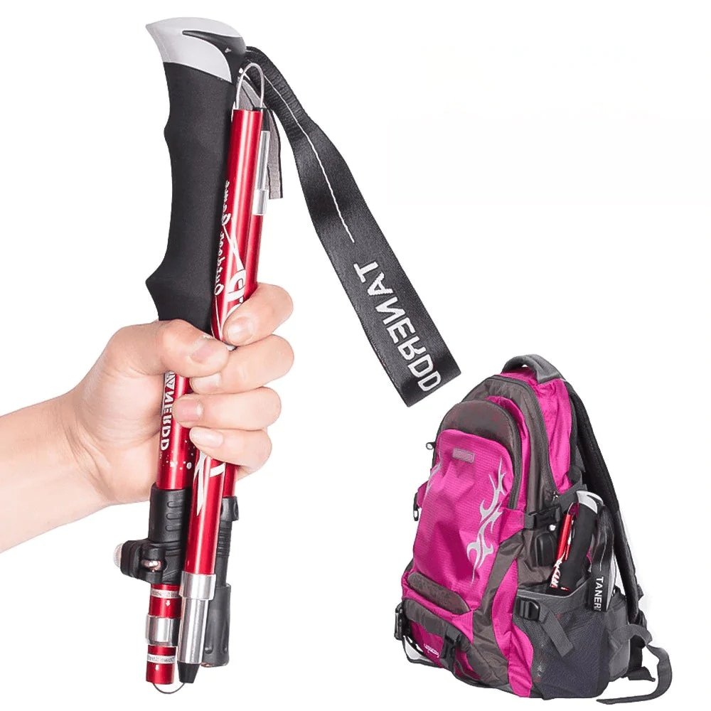 Bastones de senderismo plegables y ajustables de aluminio, perfectos para trekking ligero y caminatas en montaña.