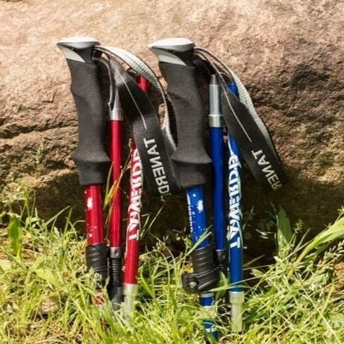 Par de bastones de trekking plegables y telescópicos para mayor estabilidad. Ajuste rápido y agarre ergonómico.
