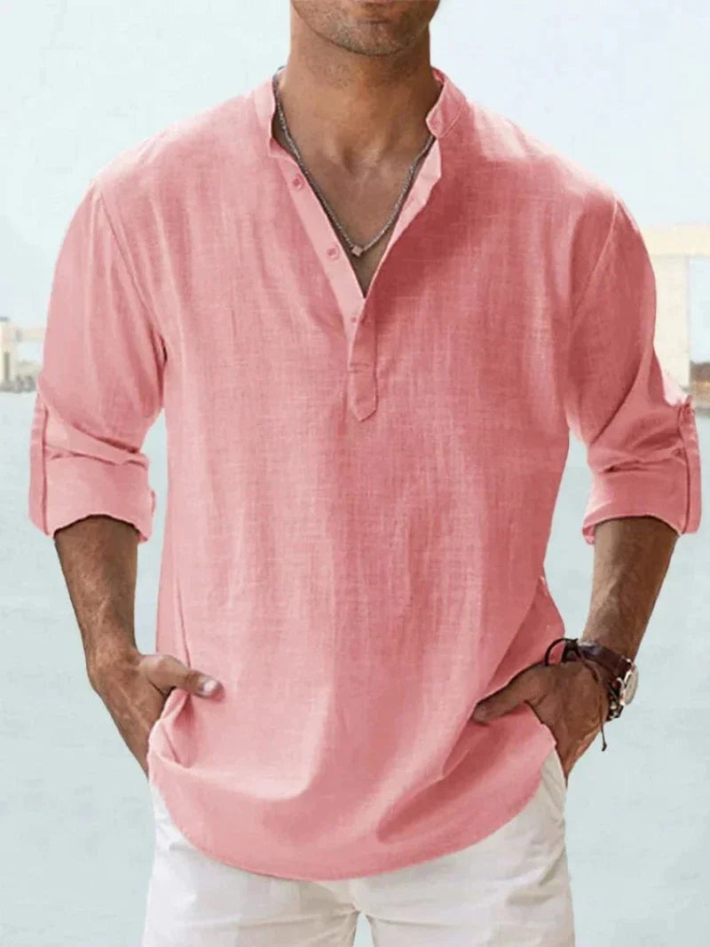 Camisa de lino hombre, manga larga. Un clásico casual con cuello abierto, perfecta para el verano.