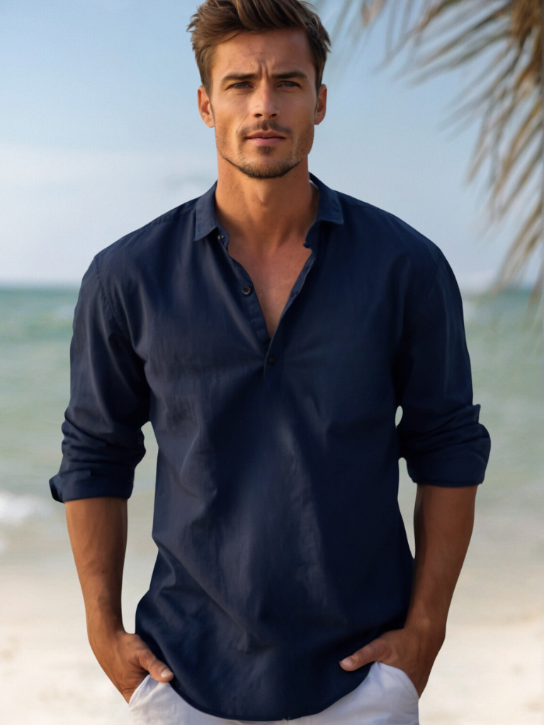 Camisa de lino fresca de hombre con manga larga y cuello abierto. Ideal para días de playa o casuales.