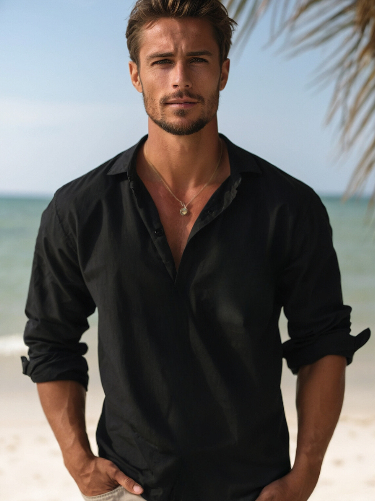 Elegante camisa de lino para hombre, manga larga. Diseño casual con cuello abierto, ideal para el verano.