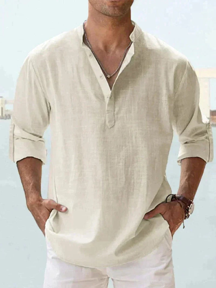 Camisa de lino hombre, manga larga. Versátil, casual y fresca. Ideal para la playa o eventos de verano.