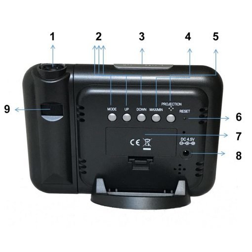 Reloj proyector con pantalla LED. Funciones de alarma, termómetro y higrómetro. Control de clima en casa/oficina.