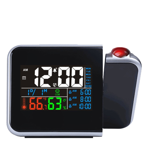 Reloj proyector digital con alarma. Muestra temperatura y humedad. Ideal para casa u oficina, diseño moderno.