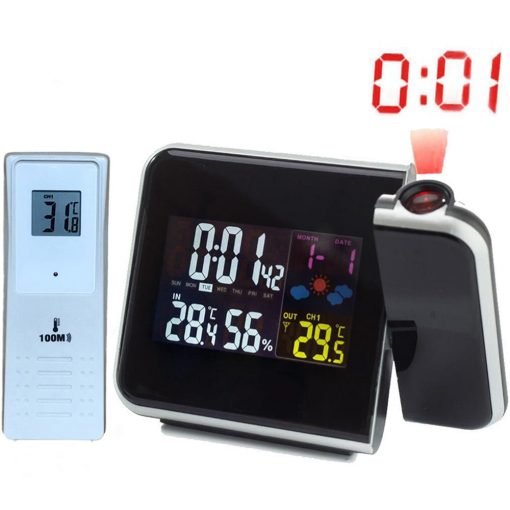 Reloj despertador proyector digital. Incluye sensores de temperatura y humedad para un ambiente confortable.