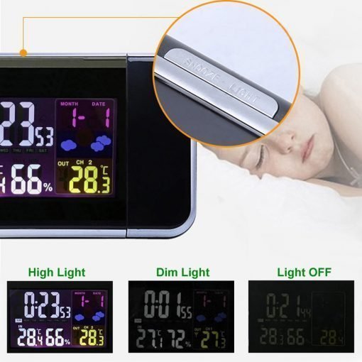 Reloj digital moderno con proyección de hora y alarma. Monitorea temperatura y humedad para un clima óptimo.
