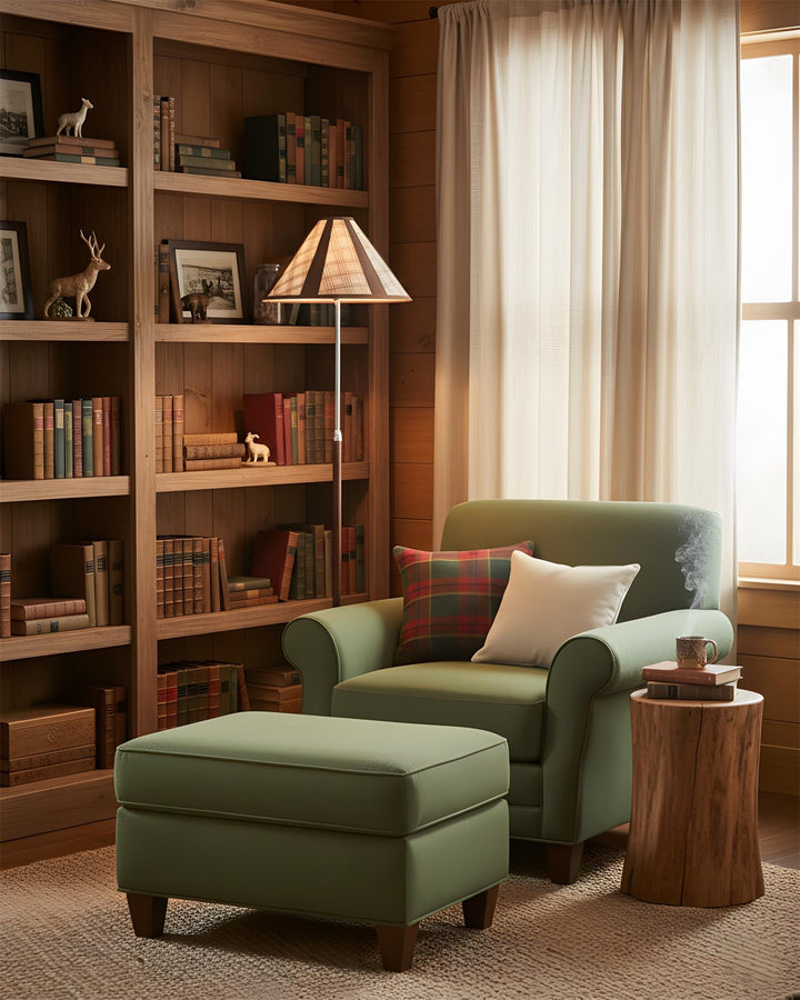 Elegante lámpara de pie con patrón geométrico a cuadros. Ideal para crear un ambiente acogedor en el salón.