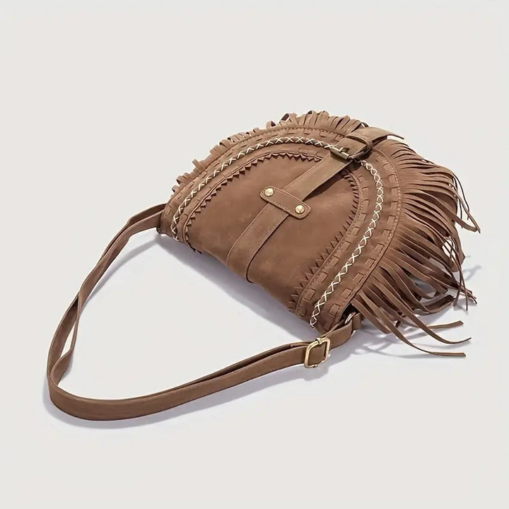 Bolso de hombro de ante marrón, textura suave, estilo bohemio chic para mujer.