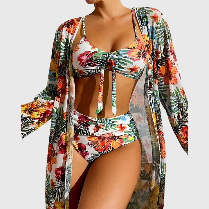 Top bikini con lazo y braga de cintura alta tropical para mujer, ropa de baño de verano.