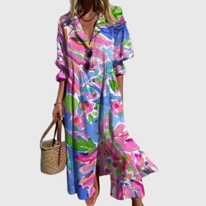 Vestido elegante casual para mujer, diseño maxi bohemio con estampado vibrante, perfecto para verano.