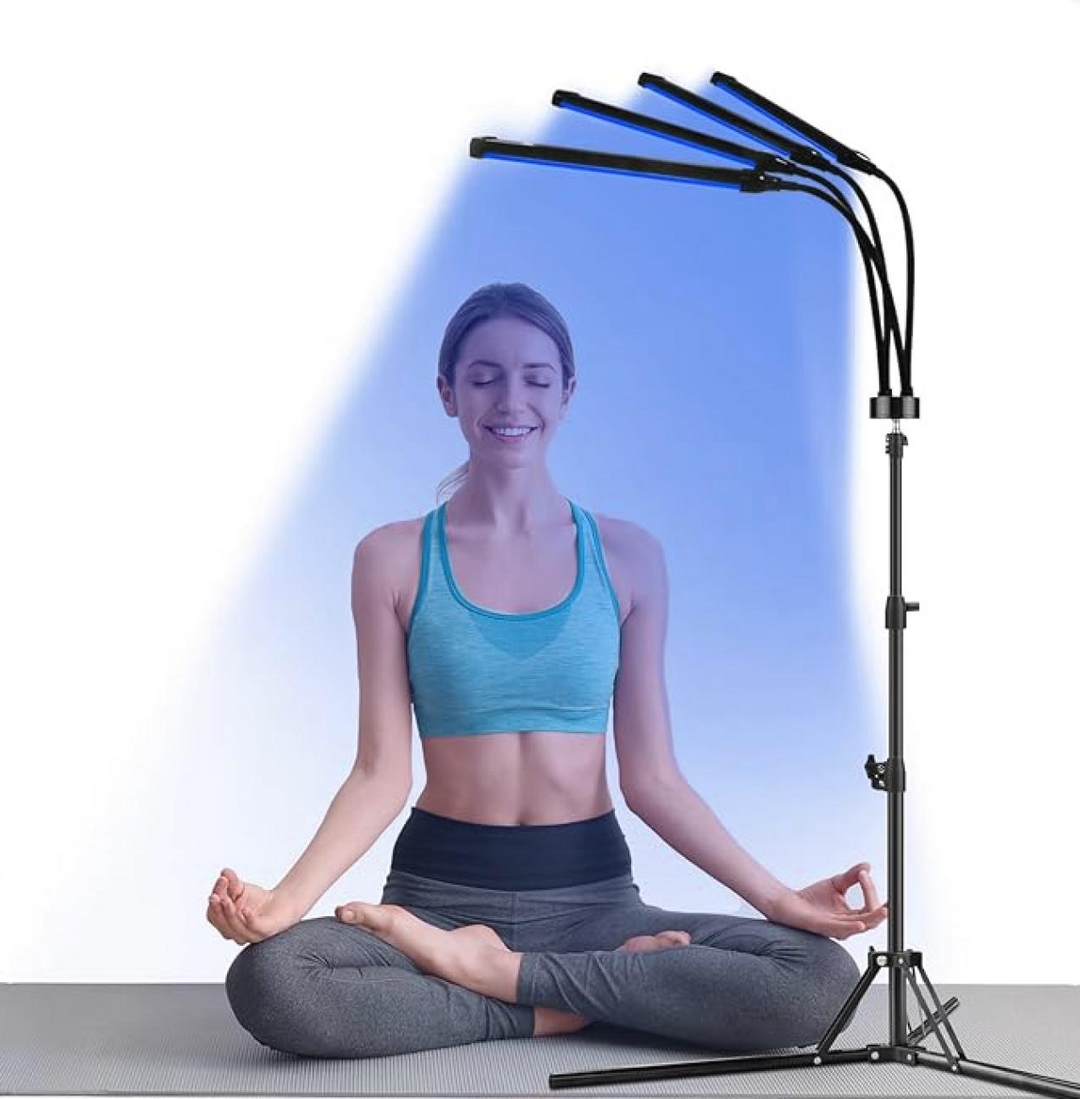 Esterilla bronceado luz azul flexible y portátil, ideal para uso en casa o viaje sin rayos UV.
