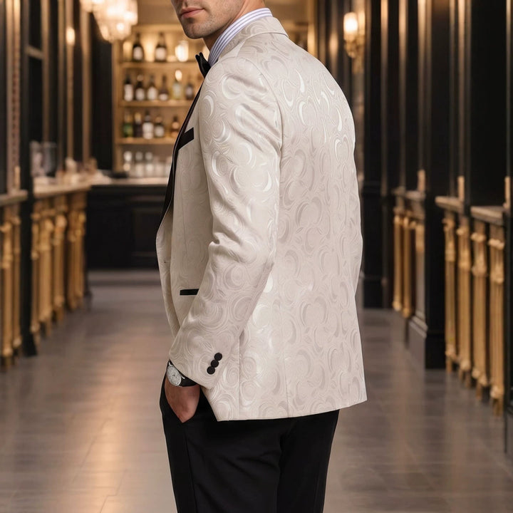 Chaqueta de traje elegante para hombre, color beige con patrón jacquard. Ideal para bodas, graduaciones y eventos formales.