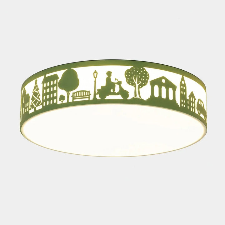 Lámpara LED decorativa blanca con siluetas, perfecta para un ambiente cálido en dormitorio.