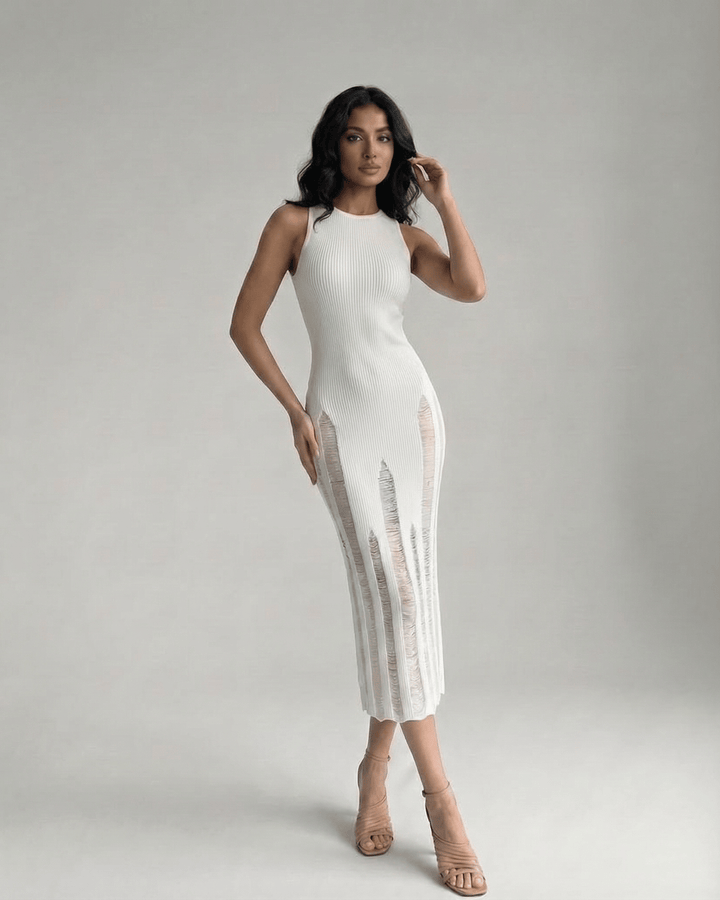 Vestido elegante midi Alba blanco sin mangas, ropa de moda para mujer, perfecto para fiesta o noche.