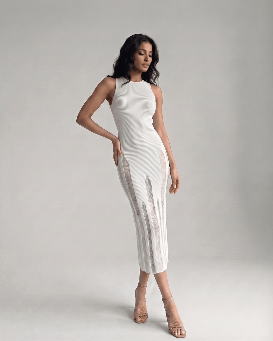 Vestido blanco midi Alba sin mangas para mujer, ropa elegante de noche, fiesta o cóctel, moda femenina.
