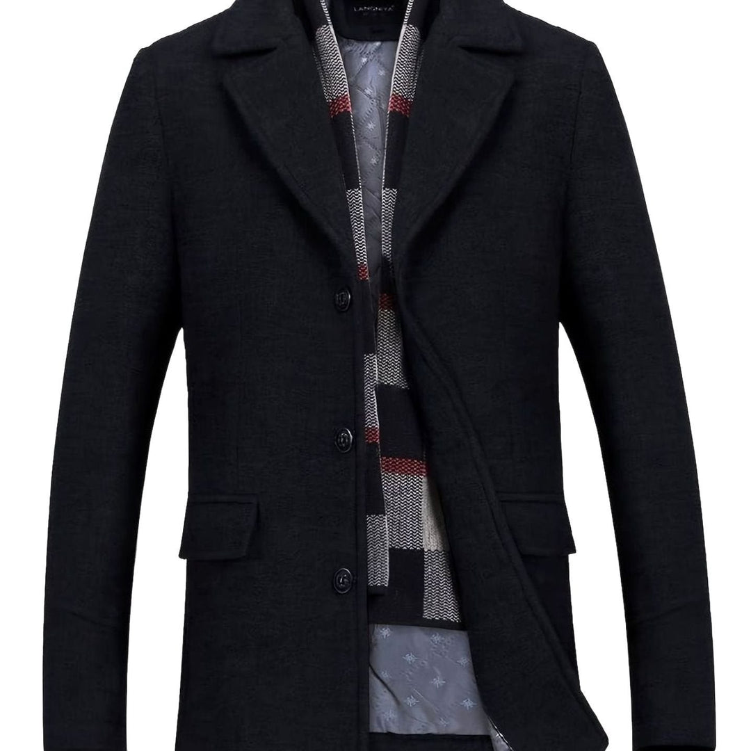 Abrigo de lana negro para hombre, cruce sencillo, con bufanda desmontable. Ideal para invierno elegante.