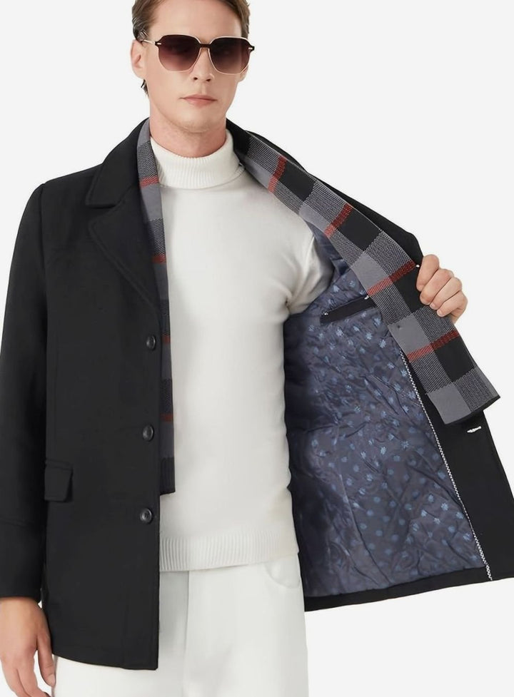 Abrigo de lana para hombre, cruce sencillo, negro. Con bufanda, ideal para atuendos formales de invierno.