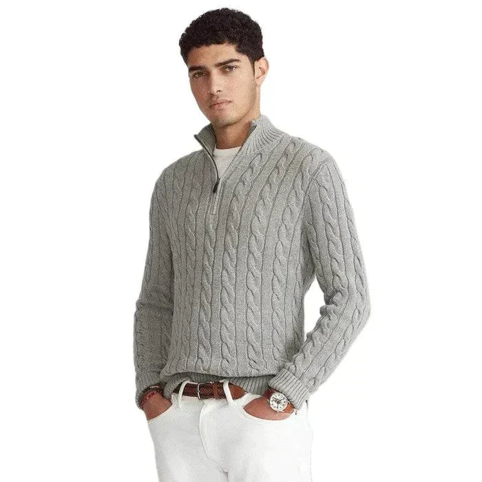 Jersey de hombre con cuello alto y media cremallera, tejido suave de algodón. Suéter perfecto para el frío.