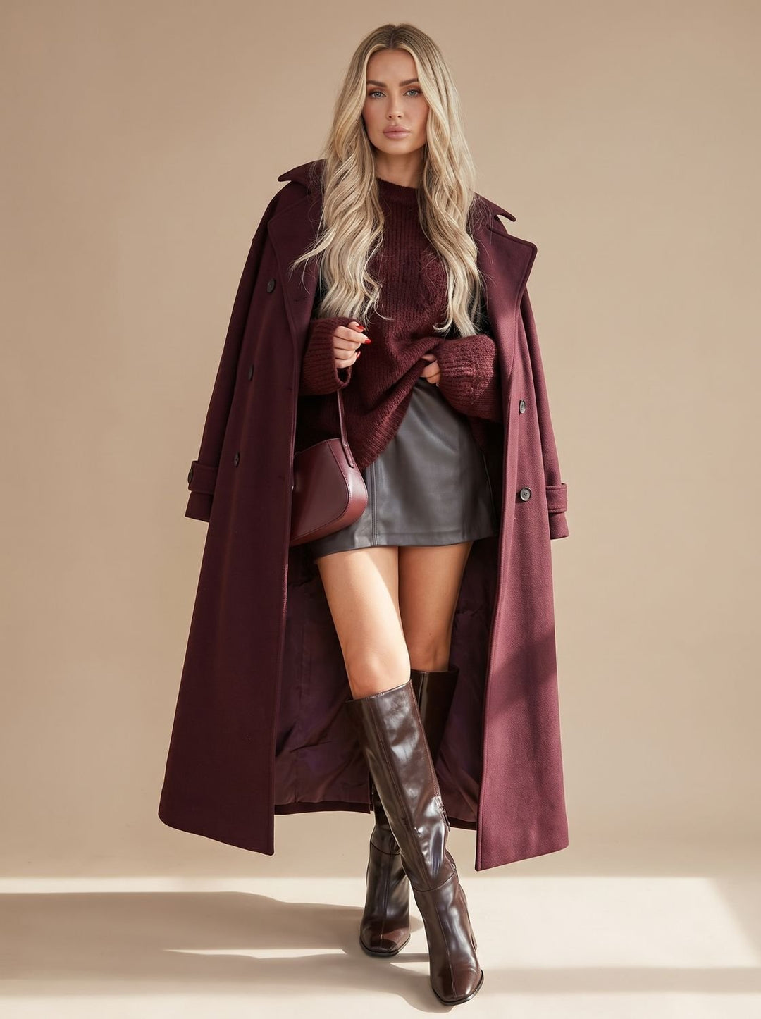 Abrigo largo cruzado burdeos para mujer, con cinturón. Estilo elegante de invierno y otoño.