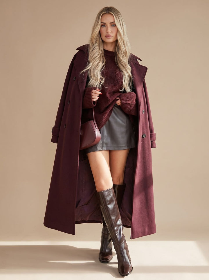 Abrigo largo cruzado burdeos para mujer, con cinturón. Estilo elegante de invierno y otoño.