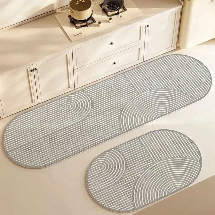 Tapete de cocina moderno absorbente con estampado geométrico, alfombrilla antideslizante para un hogar seguro.