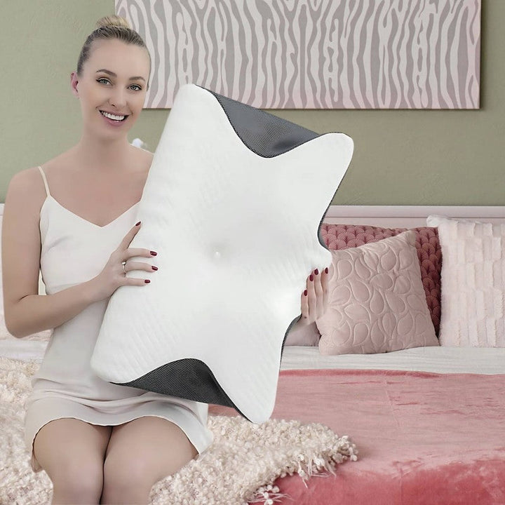 Almohada de cuello ergonómica que alivia el dolor cervical. Soporte viscoelástico con memoria de forma para descanso.