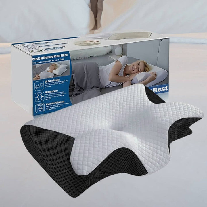 Almohada de cuello ergonómica viscoelástica, perfecta para viaje y dormitorio. Soporte con memoria de forma.