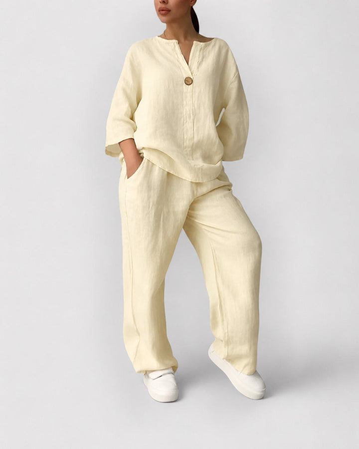 Conjunto de verano elegante para mujer. Túnica fluida y pantalón ancho, dos piezas cómodas y versátiles.