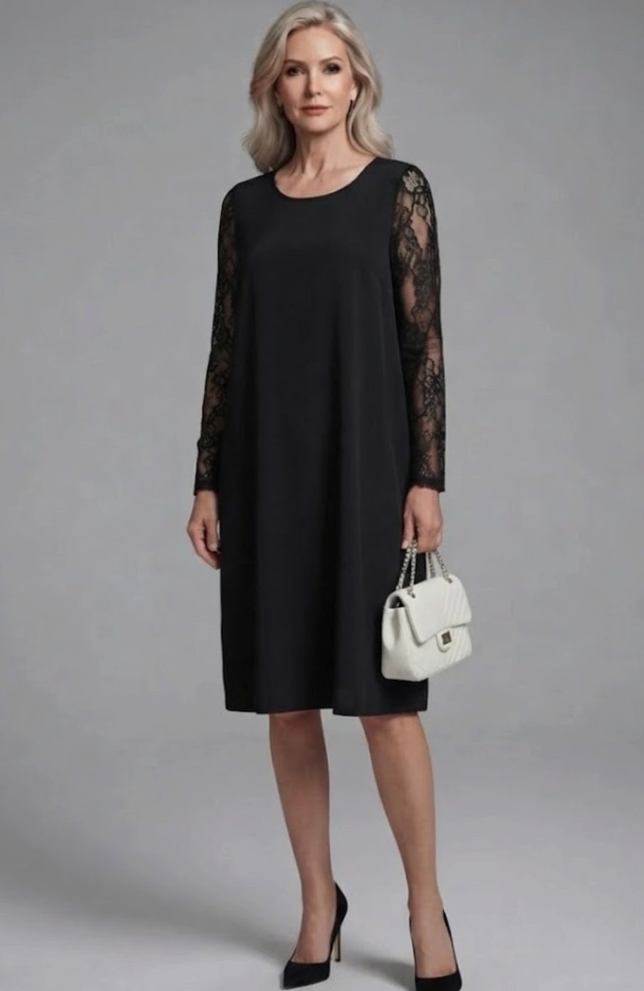 Vestido midi de encaje peplum entallado para mujer, ideal para fiesta o cóctel. Elegante moda con manga de encaje.