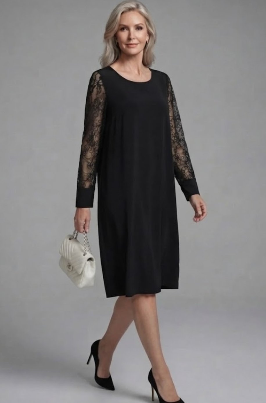 Elegante vestido midi entallado de encaje peplum para mujer. Perfecto para noche, con manga de encaje y tallas grandes.
