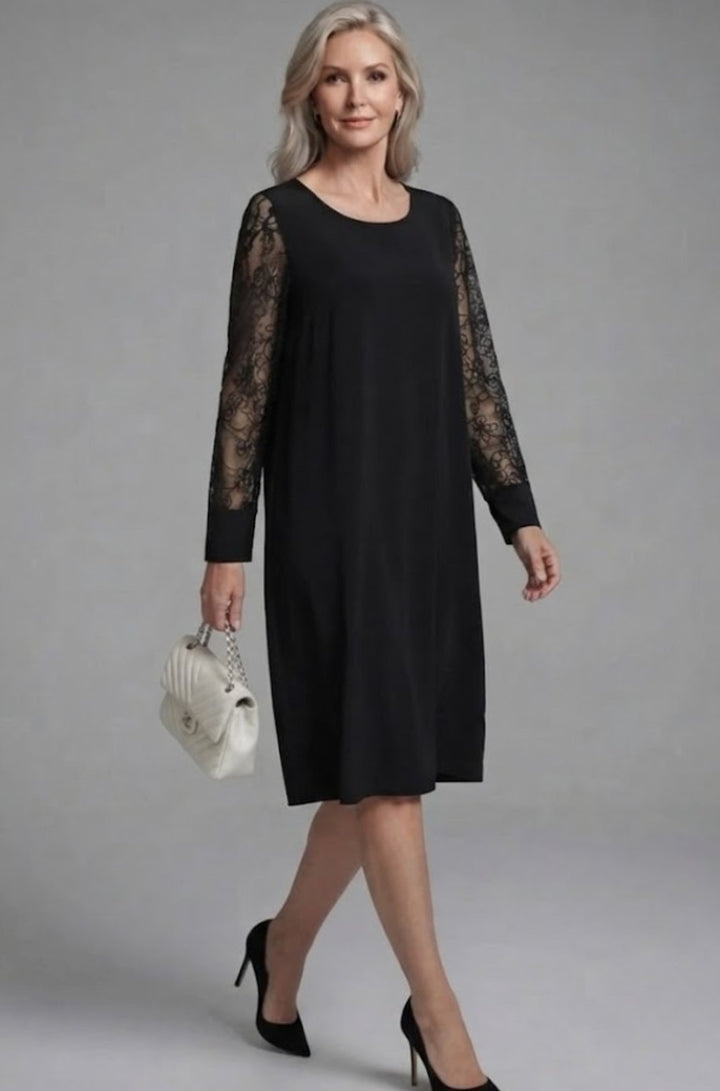 Elegante vestido midi entallado de encaje peplum para mujer. Perfecto para noche, con manga de encaje y tallas grandes.