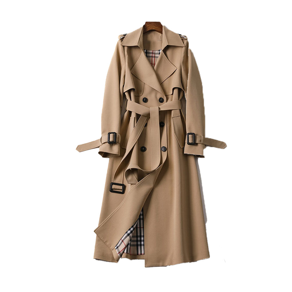 Abrigo largo femenino, estilo trench, color neutro. Perfecto para looks chic y versátiles de moda.